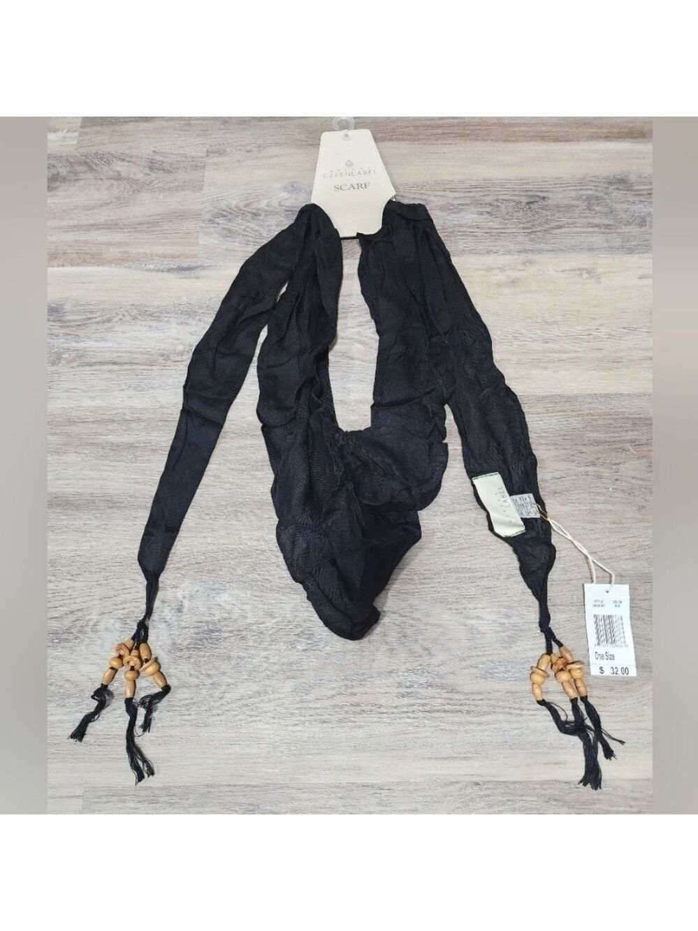 Quagga Green Label Black Scarf with Beaded Tassels - New With Tags